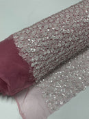 Beaded Mini Flower Pearl Fabric - Dusty Rose / White - Embroidered Pearls Bead Fabric By Yard