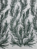 Hunter Green Beaded Fabric by the yard, Bridal beaded, Damask Pattern With Beads and Sequin