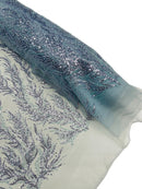 Baby Blue Beaded Fabric by the yard, Bridal beaded, Damask Pattern With Beads and Sequin