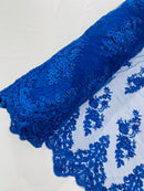 Royal Blue Beaded Fabric - Floral Beads and Sequins Embroidered on a Mesh Sold By Yard