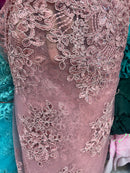 Dusty Rose Flower Cluster Fabric - Embroidered Floral Design With Sequins on Mesh Lace Fabric