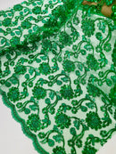 Corded Lace Flower Fabric - Emerald Green - Floral Design Embroidered Sequins on Mesh Lace Fabric