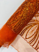 Rust Orange Embroidery Beaded Fabric By The Yard
