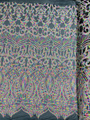 Multi Color Royalty Design Sequins Fabric on Black Mesh 4 Way Stretch Sequins Fabric By Yard