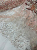 Clear Beaded Fabric Pink Mesh by the yard, Bridal beaded Damask With Beads and Sequin