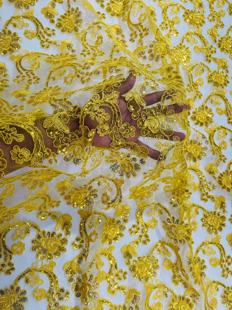 Corded Lace Flower Fabric - Yellow - Floral Design Embroidered Sequins on Mesh Lace Fabric