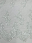 White Beaded Fabric - Floral Beads and Sequins Embroidered on a Mesh Sold By Yard