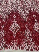 Red Sequins Lace Fabric On Nude Mesh, DAMASK Design Embroidered On a Mesh 4 way Stretch Sequin By The Yard -Prom-Gown ( Choose The Size )