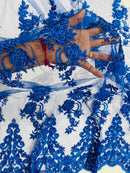 Royal Blue Beaded Fabric - Floral Beads and Sequins Embroidered on a Mesh Sold By Yard