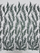 Hunter Green Beaded Fabric by the yard, Bridal beaded, Damask Pattern With Beads and Sequin