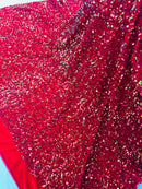 Red Green Iridescent Sequin Fabric: Red Stretch Velvet (58/60" Wide)