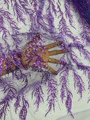 Lilac Beaded Fabric by the yard, Bridal beaded, Damask Pattern With Beads and Sequin