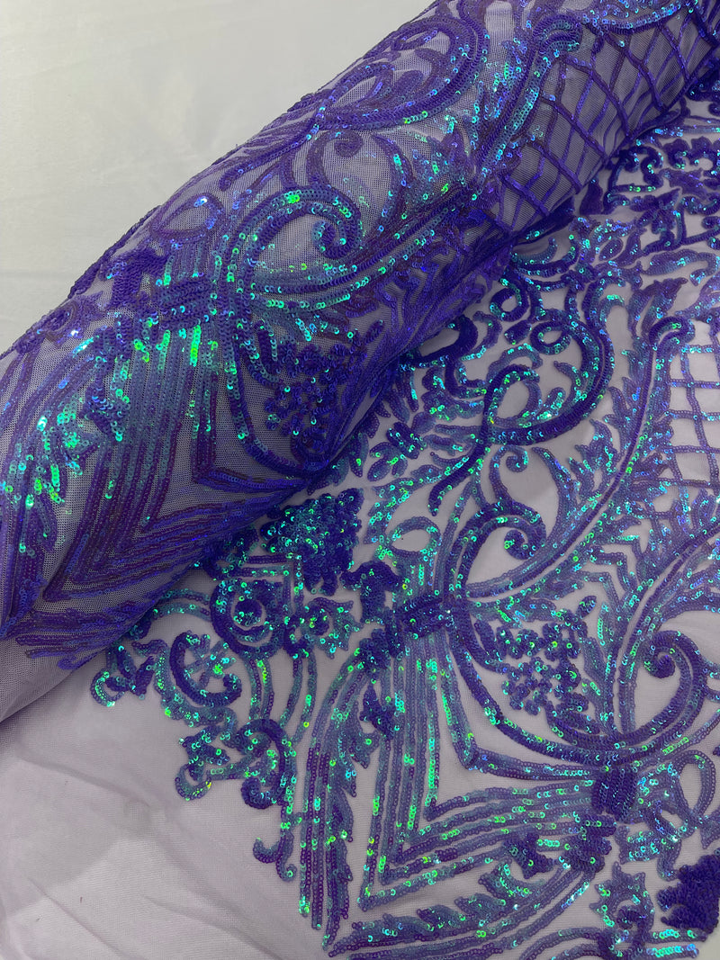 Lavender Iridescent Sequins - Lavender Damask Sequin Design on 4 Way Stretch Fabric By Yard