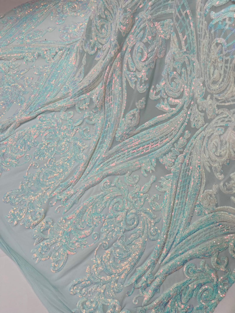 Iridescent Sequins Fabric - Big Damask Sequin Design on 4 Way Stretch Fabric By Yard