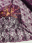 Embroidery Beaded Fabric - Eggplant - Beaded Floral Bridal Embroidery Fabric Sold by the yard
