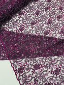Embroidery Beaded Fabric - Eggplant - Beaded Floral Bridal Embroidery Fabric Sold by the yard