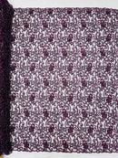 Embroidery Beaded Fabric - Eggplant - Beaded Floral Bridal Embroidery Fabric Sold by the yard
