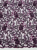 Embroidery Beaded Fabric - Eggplant - Beaded Floral Bridal Embroidery Fabric Sold by the yard