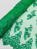 Floral Cluster Beaded Fabric - Emerald Green - Embroidered Flower Beaded Fabric Sold By Yard