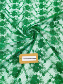 Jasmine Flower Fabric - Emerald Green - Embroidered Floral Design Lace Mesh Bridal Fabric By Yard