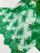 Damask Flower Lace Fabric - Emerald Green - Damask Flowers Embroidered on Lace Fabric By Yard