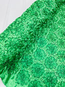 Sequins Satin Rosette Fabric - Emerald Green - 3D Satin Rose Sequins Floral Fabric Sold By The Yard