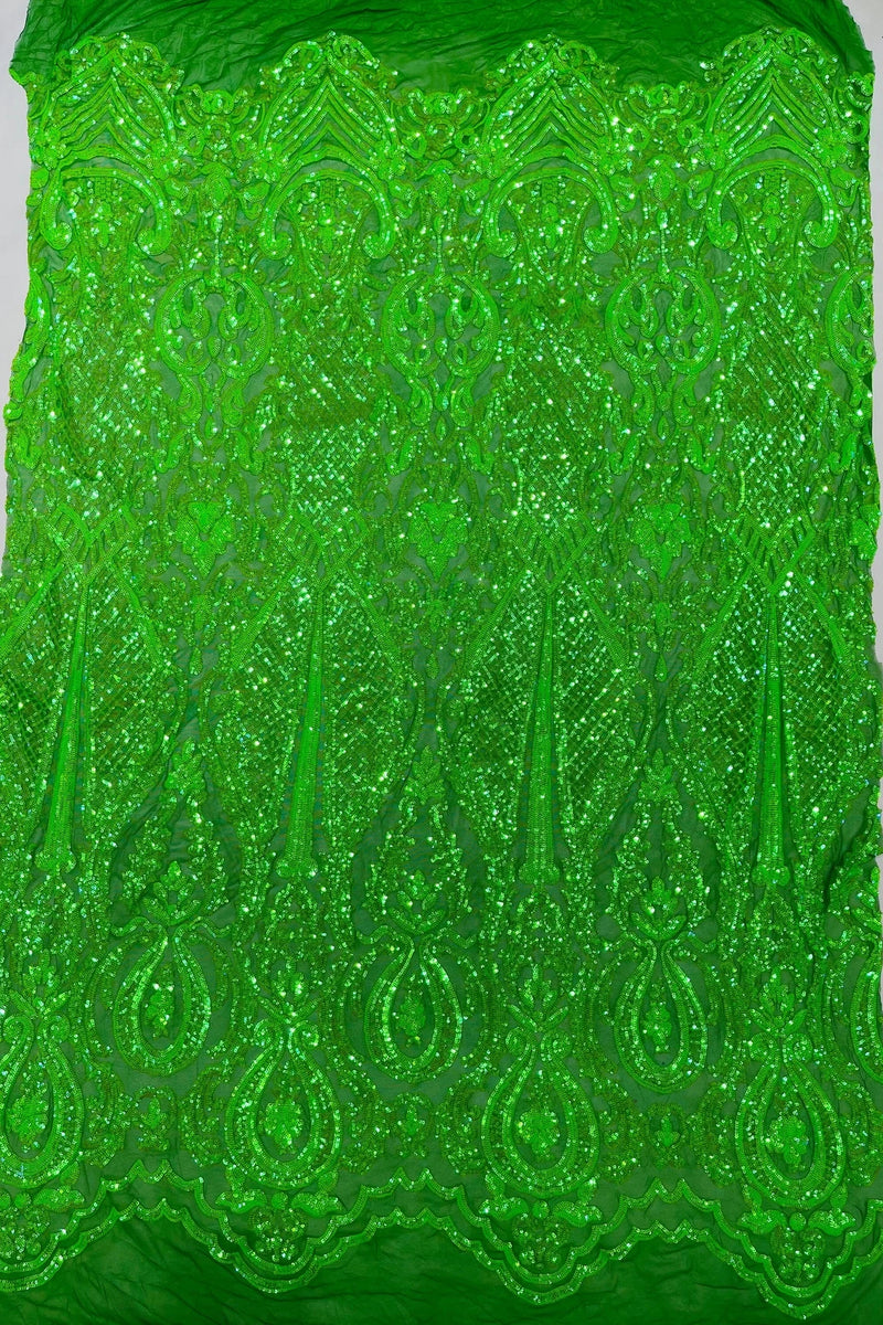 Damask Sequins Fabric - Emerald Green - Shiny Sequin Design on 4 Way Stretch Black Mesh Fabric By Yard