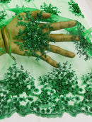 Floral Beaded Gaviota Fabric - Emerald Green - Beaded Floral Design Embroidered On Mesh Sold By Yard