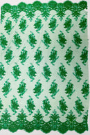 Damask Flower Lace Fabric - Emerald Green - Damask Flowers Embroidered on Lace Fabric By Yard
