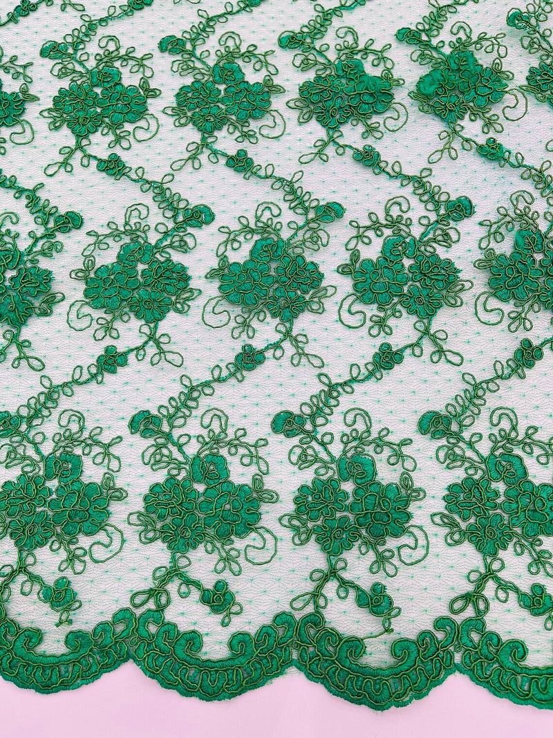 Jasmine Flower Fabric - Emerald Green - Embroidered Floral Design Lace Mesh Bridal Fabric By Yard