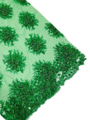 Floral Beaded Gaviota Fabric - Emerald Green - Beaded Floral Design Embroidered On Mesh Sold By Yard