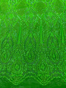 Damask Sequins Fabric - Emerald Green - Shiny Sequin Design on 4 Way Stretch Black Mesh Fabric By Yard