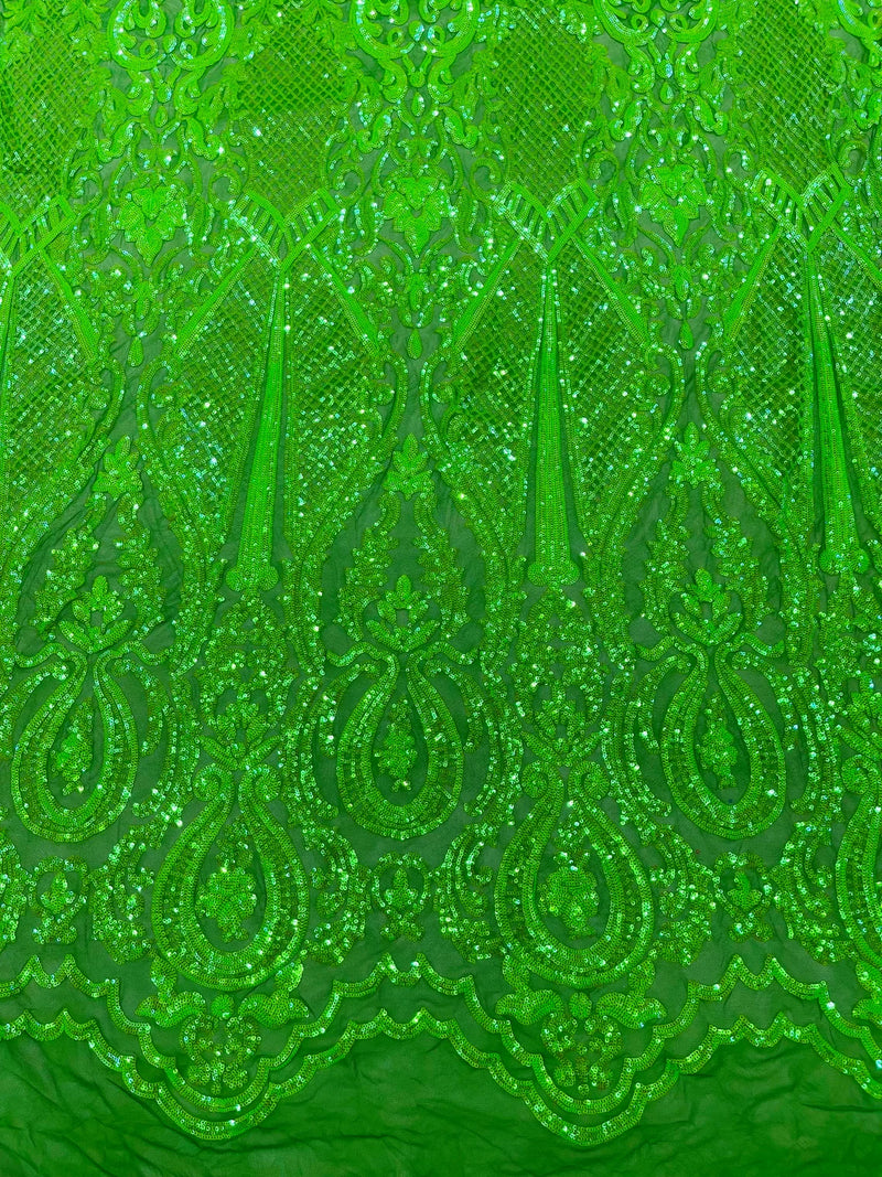 Damask Sequins Fabric - Emerald Green - Shiny Sequin Design on 4 Way Stretch Black Mesh Fabric By Yard