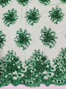 Floral Beaded Gaviota Fabric - Emerald Green - Beaded Floral Design Embroidered On Mesh Sold By Yard