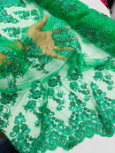 Floral Cluster Beaded Fabric - Emerald Green - Embroidered Flower Beaded Fabric Sold By Yard