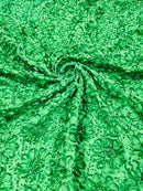 Sequins Satin Rosette Fabric - Emerald Green - 3D Satin Rose Sequins Floral Fabric Sold By The Yard
