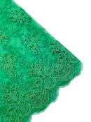 Damask Flower Lace Fabric - Emerald Green - Damask Flowers Embroidered on Lace Fabric By Yard