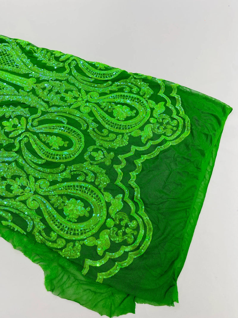 Damask Sequins Fabric - Emerald Green - Shiny Sequin Design on 4 Way Stretch Black Mesh Fabric By Yard