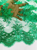 Damask Flower Lace Fabric - Emerald Green - Damask Flowers Embroidered on Lace Fabric By Yard