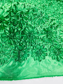 Sequins Satin Rosette Fabric - Emerald Green - 3D Satin Rose Sequins Floral Fabric Sold By The Yard