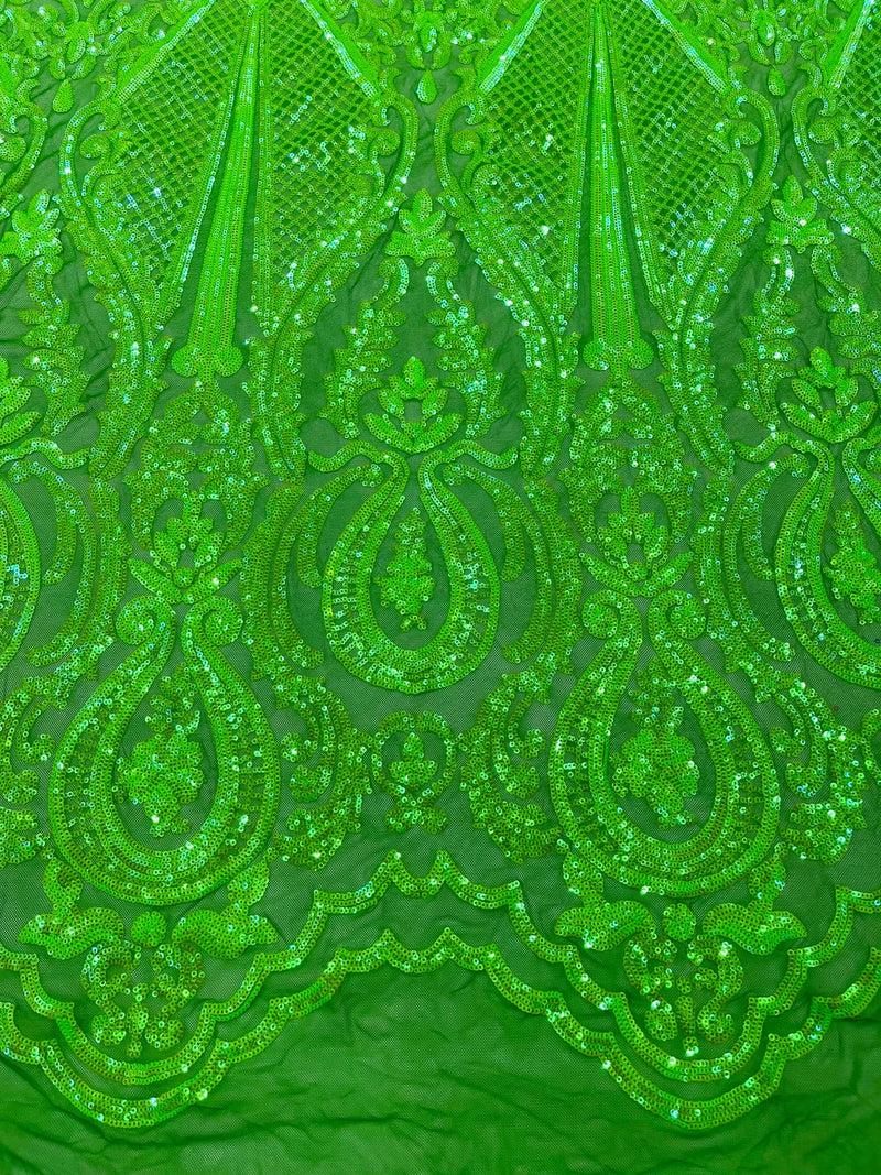 Damask Sequins Fabric - Emerald Green - Shiny Sequin Design on 4 Way Stretch Black Mesh Fabric By Yard