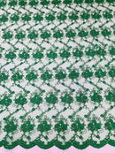 Jasmine Flower Fabric - Emerald Green - Embroidered Floral Design Lace Mesh Bridal Fabric By Yard