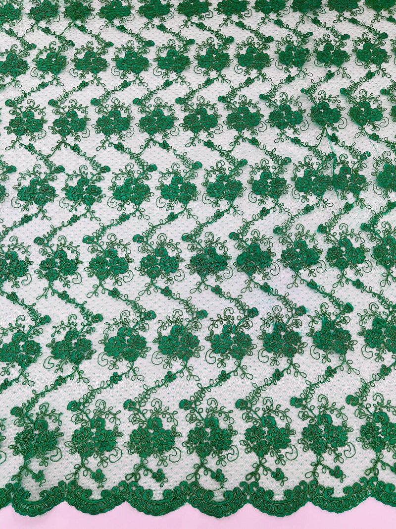 Jasmine Flower Fabric - Emerald Green - Embroidered Floral Design Lace Mesh Bridal Fabric By Yard