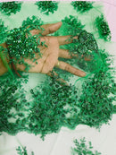 Floral Beaded Gaviota Fabric - Emerald Green - Beaded Floral Design Embroidered On Mesh Sold By Yard