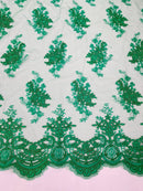 Damask Flower Lace Fabric - Emerald Green - Damask Flowers Embroidered on Lace Fabric By Yard