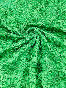 Sequins Satin Rosette Fabric - Emerald Green - 3D Satin Rose Sequins Floral Fabric Sold By The Yard