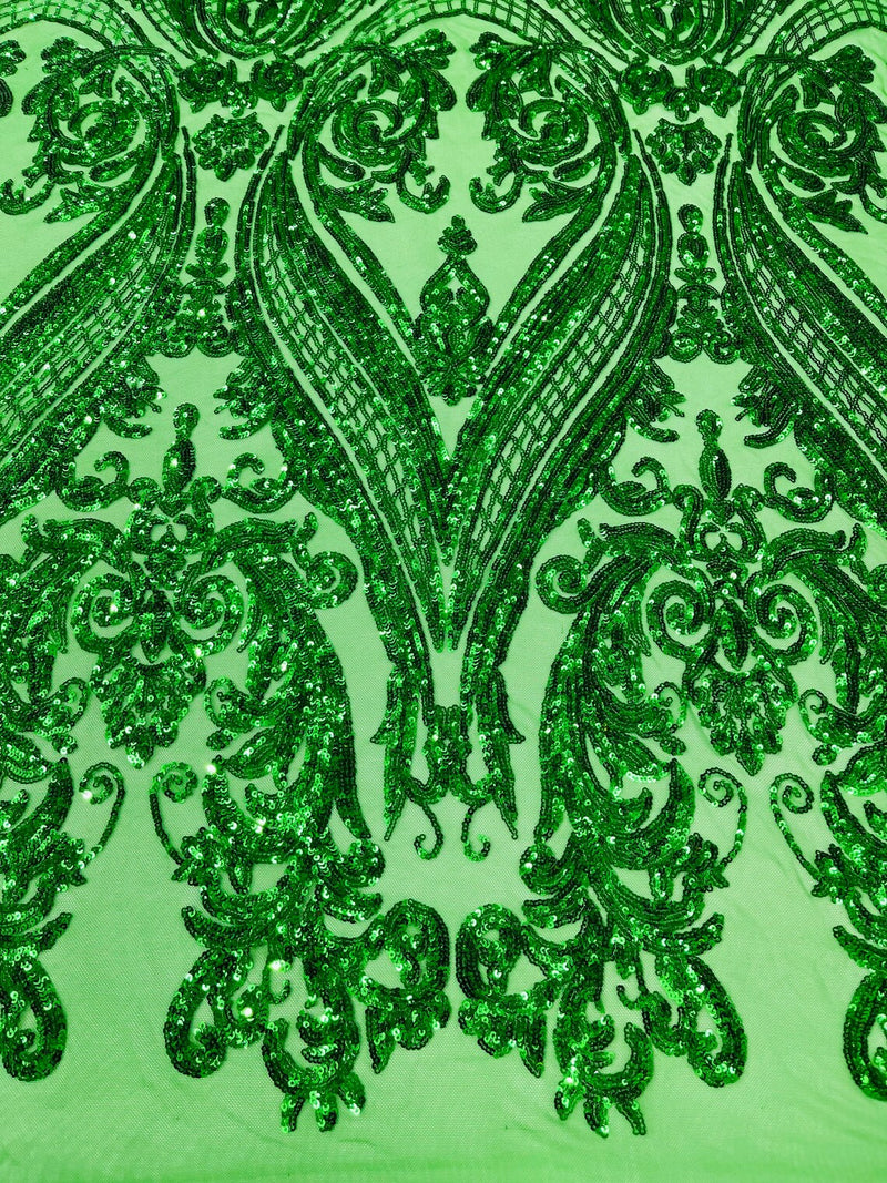 Big Damask Sequins - Emerald Green - Damask Sequin Design on 4 Way Stretch Fabric By Yard