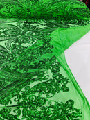 Big Damask Sequins - Emerald Green - Damask Sequin Design on 4 Way Stretch Fabric By Yard
