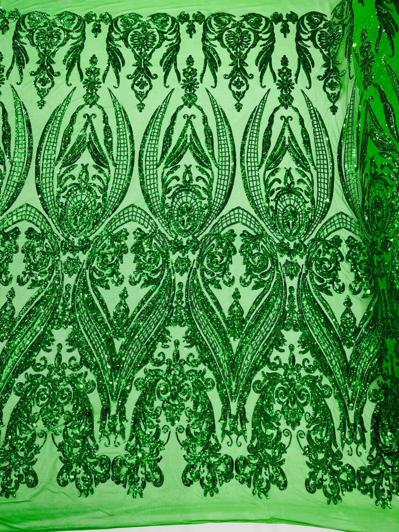 Big Damask Sequins - Emerald Green - Damask Sequin Design on 4 Way Stretch Fabric By Yard
