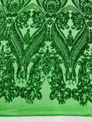 Big Damask Sequins - Emerald Green - Damask Sequin Design on 4 Way Stretch Fabric By Yard